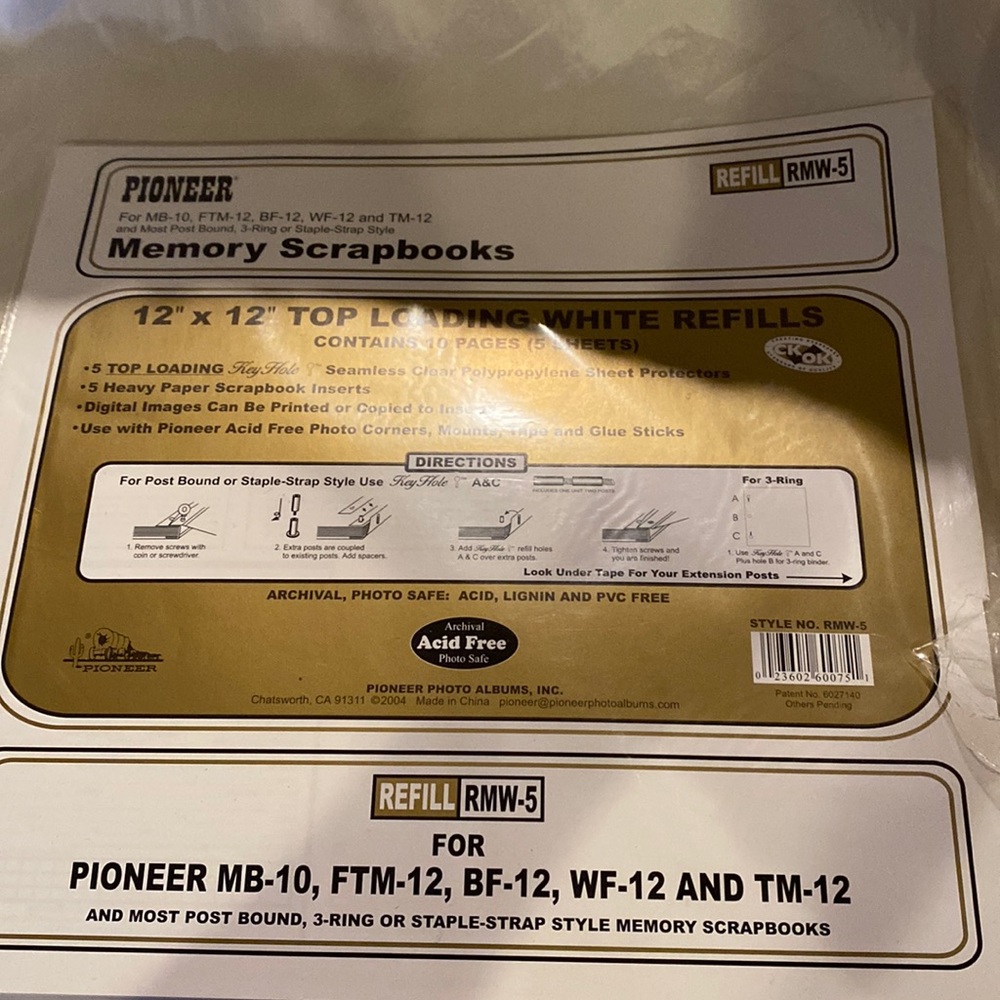 ~Pioneer~ 12” x 12” Top Loading White Scrapbook Refills